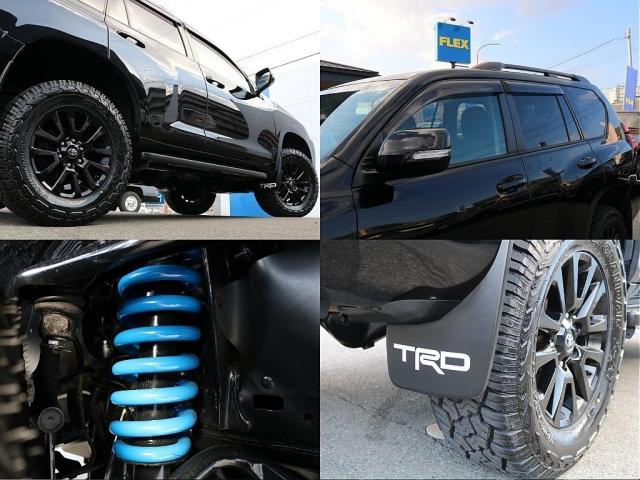 ランドクルーザープラド TX Lパッケージ・ブラックエディション ディーゼル車5人乗り サンルーフ ETC2.0 専用スカッフプレート TRDマッドガード FLEXオリジナル2インチリフトアップコイル ヨコハマジオランダーX-ATタイヤ ブラックエディション(20枚目)