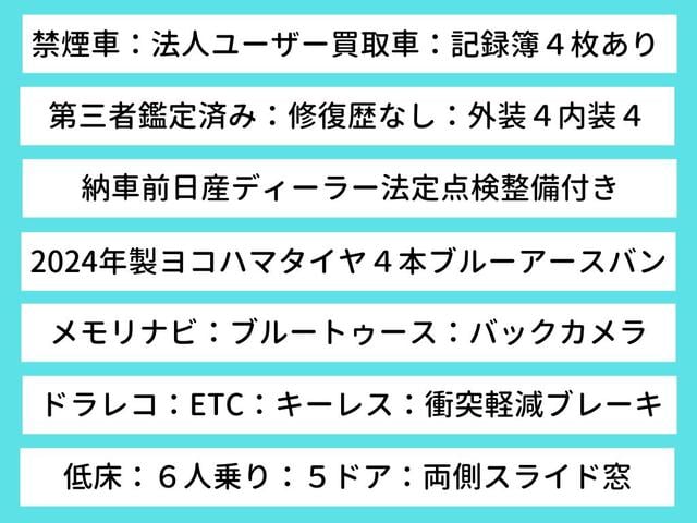 NV350キャラバンバン ロングDX 後期型・禁煙車・法人ユーザー買取車・記録簿4枚・2024年製タイヤ4本・衝突軽減ブレーキ・メモリナビ・ブルートゥース・バックカメラ・ドラレコ・ETC・キーレスキー・6人乗り・5ドア・両側スライド窓(2枚目)