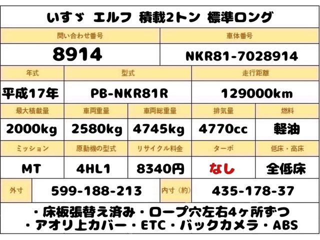 エルフトラック ２トン　標準ロング　全低床　５ＭＴ　荷寸４３５－１７８－３７　ロープ穴左右４箇所ずつ　ＥＴＣアオリ上カバー　ロープフック　１ナンバー　地上高：８７ｃｍ　２トン車　２トンベース　２トン平　平　平車　平ボディ　ヒラ　ヒラボディ　標準　ロング　ミッション　マニュアル（2枚目）