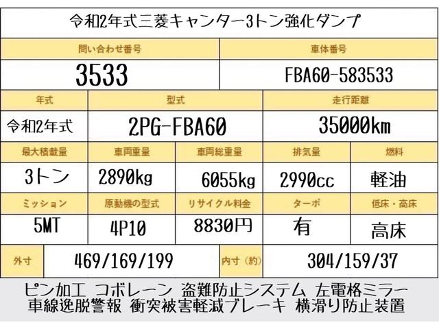 キャンター ３トン　強化ダンプ　高床　５速ＭＴ　コボレーン　ピン加工　荷寸３０４－１５９－３７　４ナンバー　ＥＴＣ　１５０馬力　新明和　左電格ミラー　衝突被害軽減ブレーキ　ルーフキャリア　ＡＢＳ　ピン　車線逸脱警報装置　横滑り抑制機能　小型　４ナンバー　２トン車（5枚目）