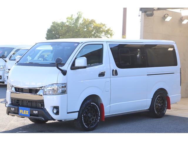 ハイエースバン スーパーGL ダークプライムII バッドフェイスボンネット TRDデイライト付きフロントスポイラー TRDマッドフラップ FLEXオーバーフェンダー RAYS 16インチAW TOYOオープンカントリー アルパインBIGXナビ(27枚目)