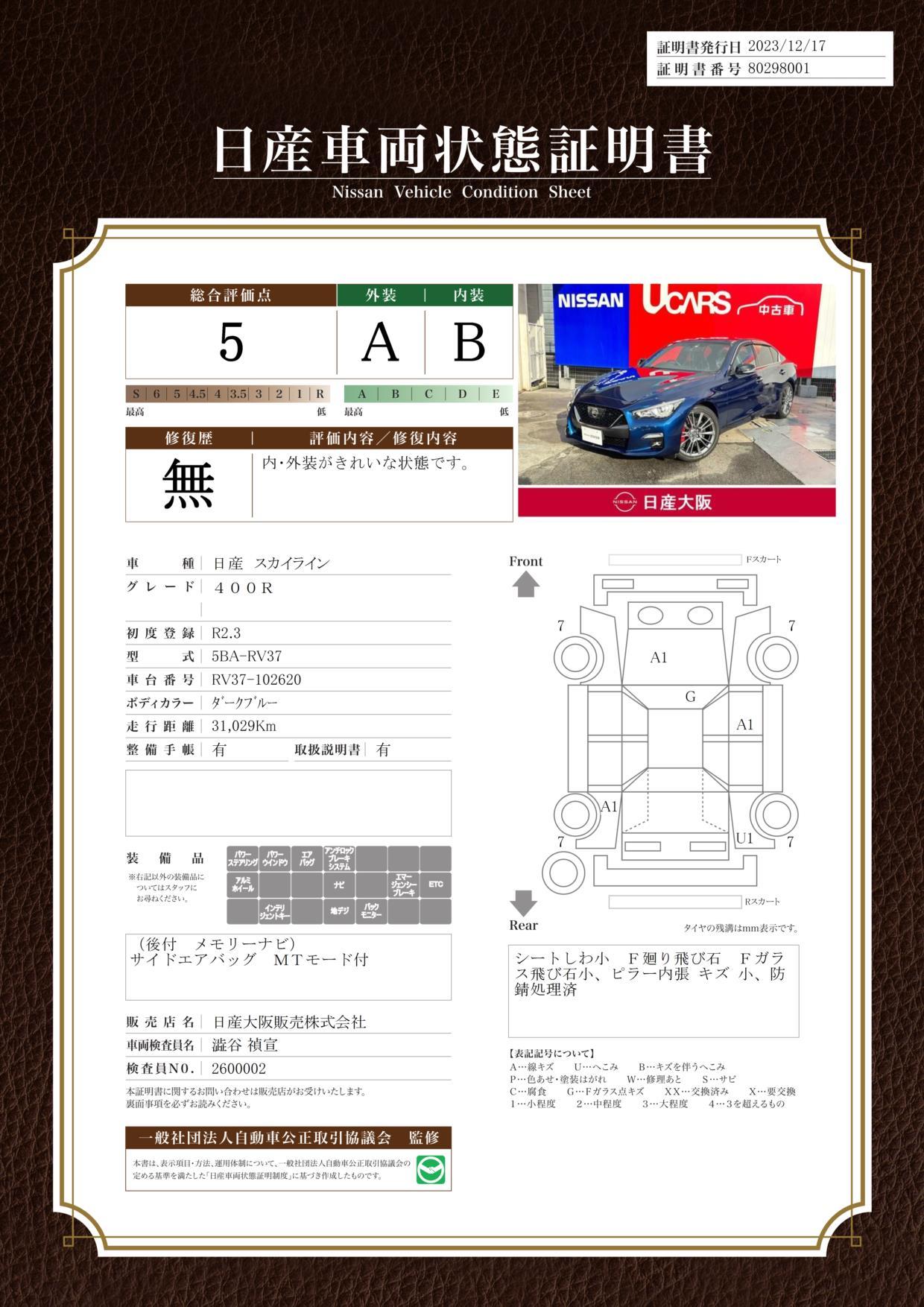 車両状態評価書