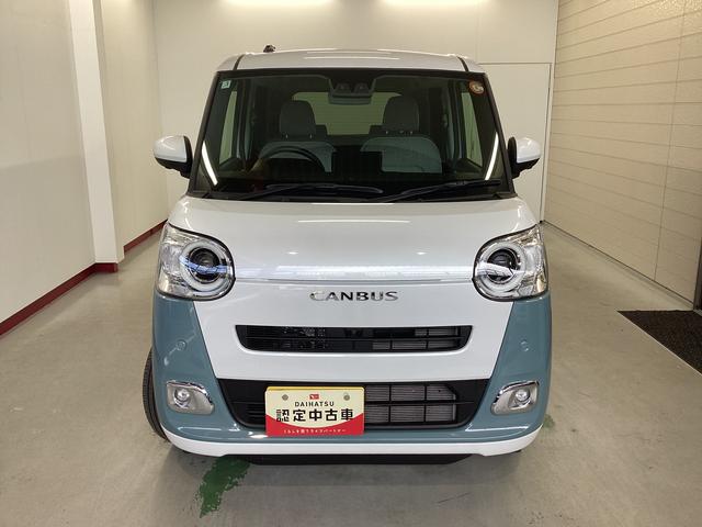 ムーヴキャンバス ストライプスGターボ 衝突被害軽減ブレーキ 横滑り防止装置 オートハイビーム アイドリングストップ ステアリングスイッチ オートライト キーフリーシステム オートエアコン パノラマカメラ マット バイザー(2枚目)