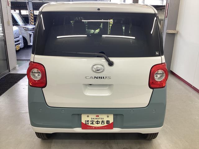 ムーヴキャンバス ストライプスGターボ 衝突被害軽減ブレーキ 横滑り防止装置 オートハイビーム アイドリングストップ ステアリングスイッチ オートライト キーフリーシステム オートエアコン パノラマカメラ マット バイザー(3枚目)