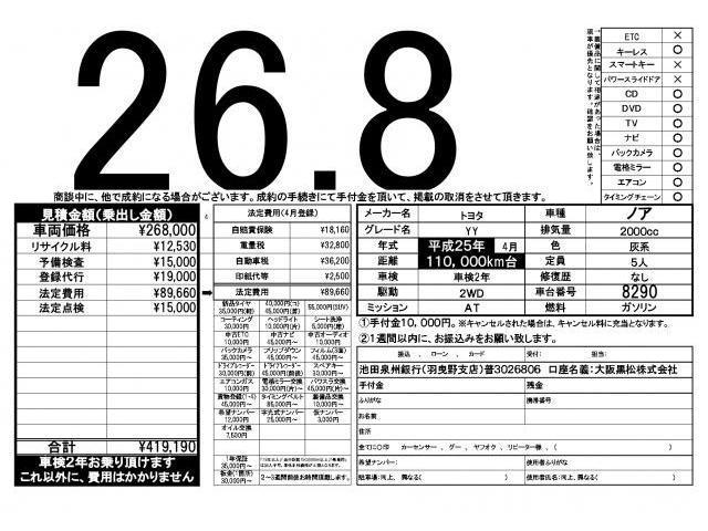 ノア ＹＹ　アルミホイール　地デジＴＶ　Ｂｌｕｅｔｏｏｔｈオーディオ　ＤＶＤ　Ｂカメラ　キーレス　助手席エアバッグ　ＡＡＣ　ＡＢＳ　メモリーナビ　パワーウインドウ（4枚目）