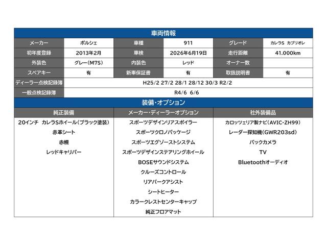 911 911カレラS カブリオレ スポーツデザインスポイラー スポクロPKG スポエキ スポーツデザインステアリングホイール BOSE クルーズコントロール リアパークアシスト シートヒーター カラークレストセンターキャップ 赤革(3枚目)