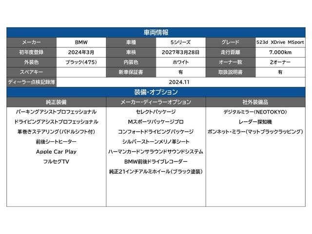 5シリーズ 523d xDrive Mスポーツ セレクトPKG MスポーツPKGプロ コンフォートドライビングPKG シルバーストーンメリノ革シート ハーマンカードンサウンド BMW前後ドラレコ 21AW ボンネット&ミラーマットブラックラッピング(4枚目)