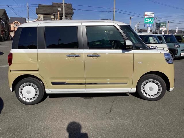 ムーヴキャンバス ストライプスＧ　全周囲カメラ　両側電動スライドドア　ナビ　ＴＶ　クリアランスソナー　衝突被害軽減システム　オートライト　スマートキー　アイドリングストップ　電動格納ミラー　シートヒーター　ベンチシート　ＣＶＴ　ＥＳＣ（16枚目）