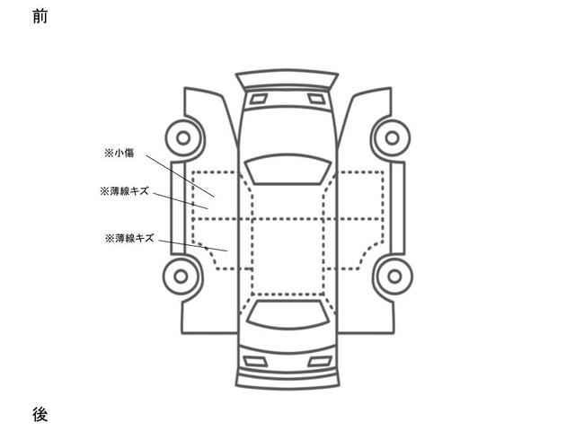 車両状態の展開図です。キズの程度などはこちらをご参考ください。※あくまでも目安です。実車とはキズの状態や数が異なる場合もございますので詳しい車両状態はお問合せ下さい。