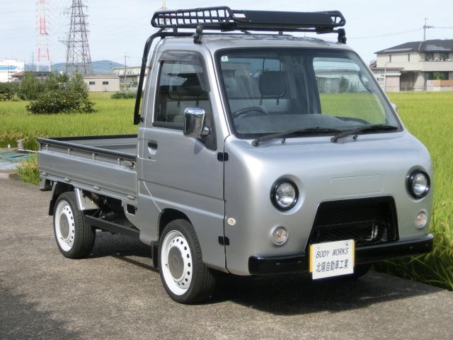 サンバートラック TB エアコン パワステ キーレス 4WD 5速マニュアル 検査R9年7月 モデストカーズ パズフェイス ワンオフルーフキャリア 15インチホイール&タイヤ ワンオフサイドバンパー 走行6万キロ シルバー(80枚目)