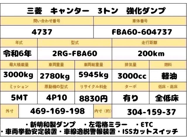 キャンター 積載３トン　新明和製強化ダンプ　４ナンバー　全低床　ＭＴ　新明和ＤＲ２－０１１０ＳＹ　車両挙動安定装置　車線逸脱警報装置　ＩＳＳカットスイッチ　左電格ミラー　ＥＴＣ　取扱説明書　１５０馬力　レベライザー　２トン車　２トンベース　強化　ダンプ　新明和（2枚目）