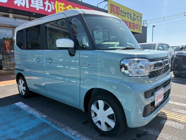 スペーシア ハイブリッドＸ　届出済未使用車／シートヒーター／衝突被害軽減ブレーキ／コーナーセンサー／両側パワスラ／アイドリングストップ／オットマン／ステリングリモコン／電動格納ミラー／フルフラット／バックカメラ／オートライト（7枚目）