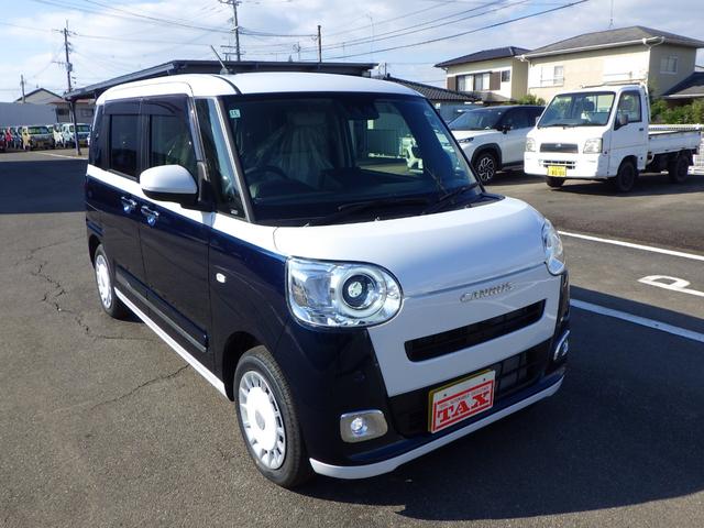 ムーヴキャンバス ストライプスＧ　シャイニングホワイト／レーザーブルー　３ｋｍ・届出済未使用車　ＬＥＤヘッドライト＆フォグランプ　両側電動スライドドア　２シートヒーター　バックカメラ＆ステリモ　純正フロアマット＆サイドバイザー（3枚目）