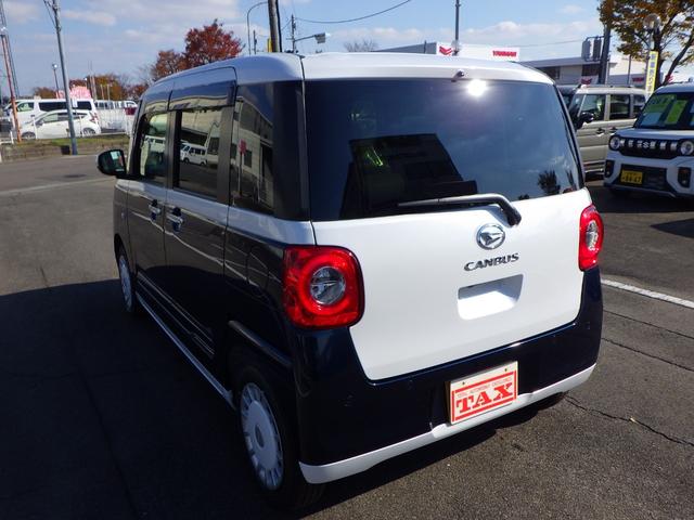 ムーヴキャンバス ストライプスＧ　シャイニングホワイト／レーザーブルー　３ｋｍ・届出済未使用車　ＬＥＤヘッドライト＆フォグランプ　両側電動スライドドア　２シートヒーター　バックカメラ＆ステリモ　純正フロアマット＆サイドバイザー（7枚目）