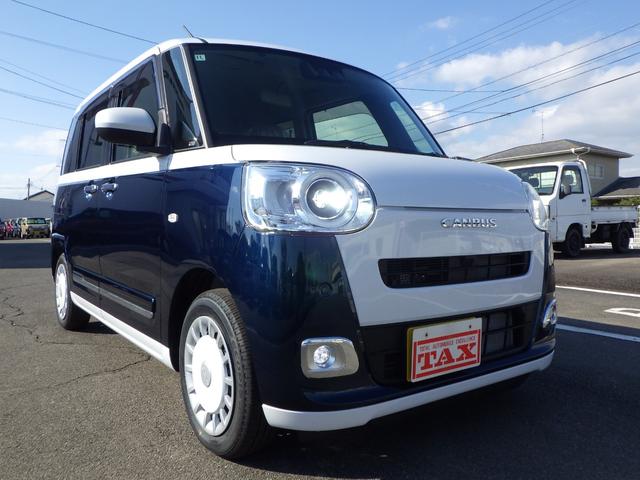 ムーヴキャンバス ストライプスＧ　シャイニングホワイト／レーザーブルー　３ｋｍ・届出済未使用車　ＬＥＤヘッドライト＆フォグランプ　両側電動スライドドア　２シートヒーター　バックカメラ＆ステリモ　純正フロアマット＆サイドバイザー（10枚目）