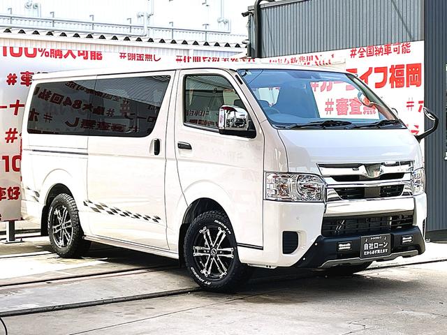 ハイエースバン ロングＤＸ　ＧＬパッケージ　ＦＵ１３４２　ＧＲ仕様車　新車コンプリート　ディーラーオプション　メッキドアミラー　ＴＲＤフロントスポイラー　リアスポイラー　サイドスカート　マッドクロス１６インチＡＷ　ホワイトレターＲＴタイヤ（5枚目）