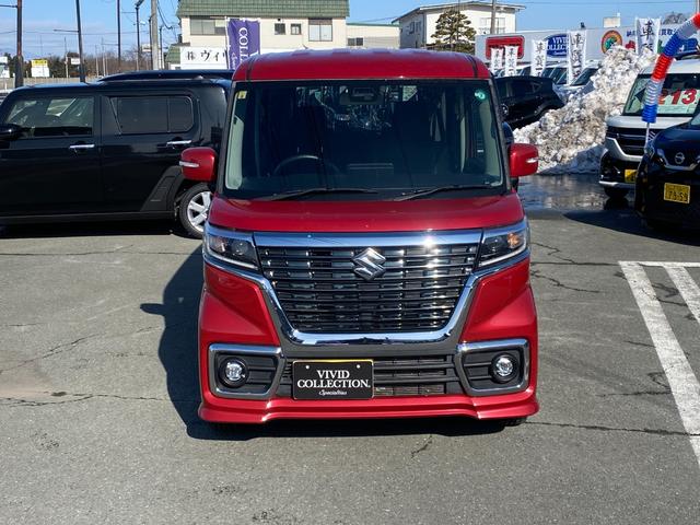 スペーシアカスタム ハイブリッドＧＳ　４ＷＤ　社外メモリーナビ　ワンセグ　ＣＤ　レーダーブレーキ　パーキングセンサー　左パワースライドドア　シートヒーター　ＬＥＤライト　スマートキー　ＥＴＣ　ドラレコ　ワンオーナー（3枚目）