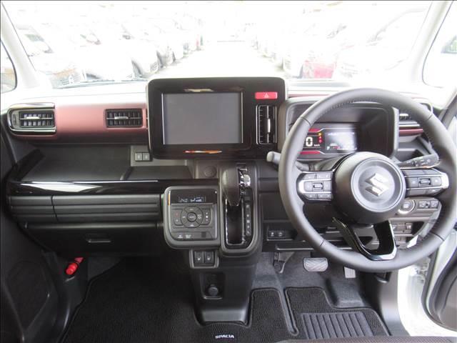 スペーシアカスタム ハイブリッドＸＳ　届出済未使用車　両側電動スライドドア　シートヒーター　アダプティブクルーズコントロール　純正１５インチアルミ　革巻ステアリング　ハーフレザーシート　マルチユースフラップ　サーキュレーター（2枚目）