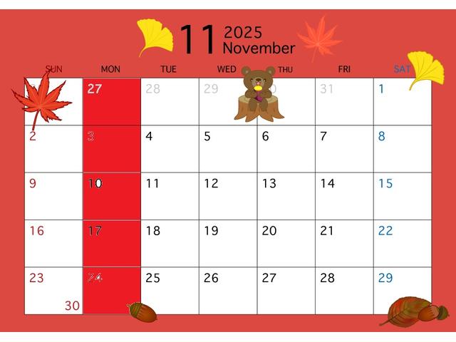 １１月のお休みは（定休日月曜日含む）３日１０日１７日２４日です！ご来店の際はお間違えの無いように宜しくお願いします。車検オイル交換タイヤ交換等も予約バンバン受付中ご来店お電話お待ちしています！