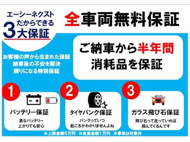 全車両無料保証付き！半年保証！走行距離無制限で、納車後のトラブルも安心！詳しくはスタッフまで！