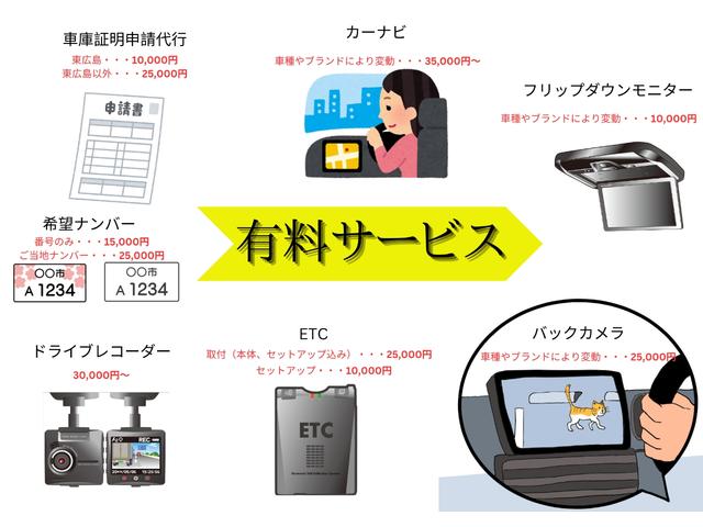 【各種オプション】ナビ取付・ＥＴＣ取付等、取付や車庫証明申請代行など承っております。詳しくは店舗スタッフまでお尋ねください。