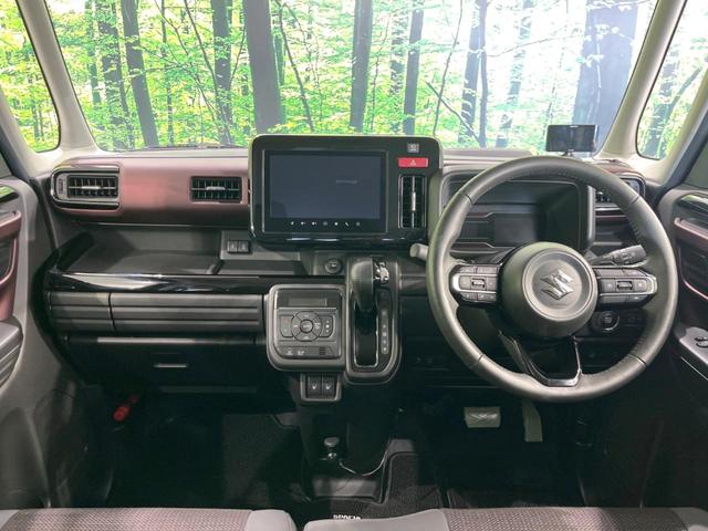 スペーシアカスタム ハイブリッドＸＳターボ　４ＷＤ　純正９型ナビ　両側電動ドア　全周囲カメラ　セーフティサポート　レーダークルーズ　禁煙車　ハーフレザーシート　ドラレコ　コーナーセンサー　ＬＥＤヘッド　ナビ連動ＥＴＣ　車線逸脱警報（2枚目）
