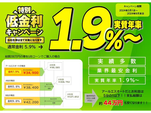 特別低金利キャンペーン実施中！！大きなお買い物、金利を多く払うのはもったいないですよね（；＿；）只今アールエスオートでは期間限定の特別低金利キャンペーンを実施しています☆彡車を買うなら今がお得です！！