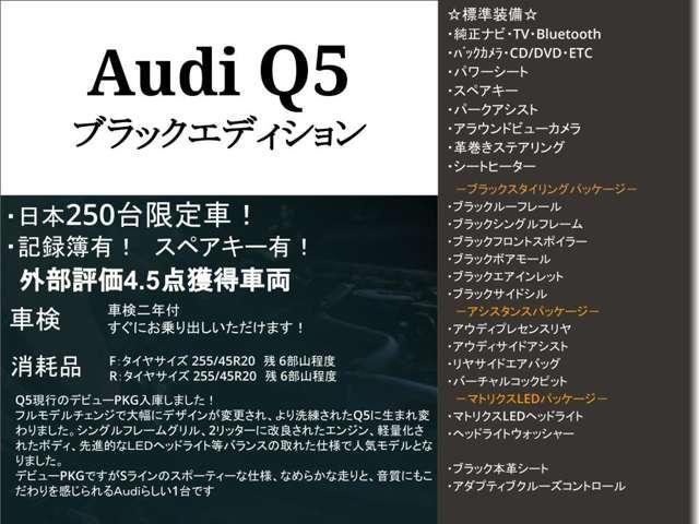 Ｑ５ ブラックエディション　限定アルミホイール・ステアリングスイッチ・フルセグＴＶ・シートヒーター・オートエアコン・電子パーキング・オートホールド・電動リヤゲート・ソナーセンサー・デイライト・バックカメラ・シートメモリー・ＥＴＣ（4枚目）