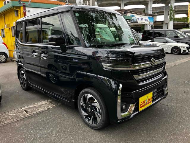 スペーシアカスタム ハイブリッドXSターボ 届出済未使用車 禁煙車 衝突被害軽減システム レーンアシスト 両側電動スライドドア ナビ 全周囲カメラ フルセグTV Bluetooth LEDヘッドライト クルコン AW15インチ コーナーセンサー(3枚目)