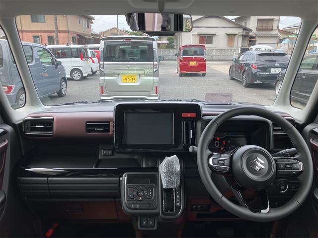 スペーシアカスタム ハイブリッドＸＳターボ　届出済未使用車・禁煙車・ブラック・　社外１６インチアルミホイール／タイヤ　ローダウン　フロント／サイド／リア　フラップスポイラー　両側電動スライドドア　クリアランスソナー　オートクルーズコントロール　オートライト　ＬＥＤヘッドランプ（3枚目）