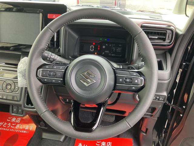 スペーシアカスタム ハイブリッドＸＳターボ　届出済未使用車・禁煙車・ブラック・　社外１６インチアルミホイール／タイヤ　ローダウン　フロント／サイド／リア　フラップスポイラー　両側電動スライドドア　クリアランスソナー　オートクルーズコントロール　オートライト　ＬＥＤヘッドランプ（5枚目）