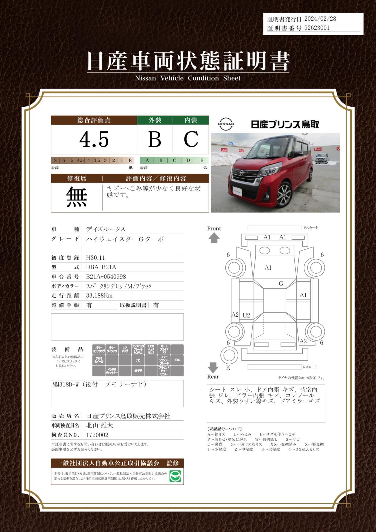 車両状態評価書