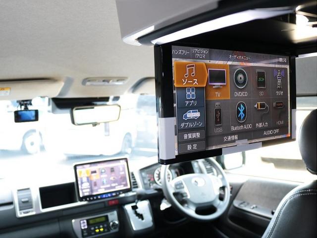 ハイエースワゴン GL ロング シートアレンジニューアス 1400mmセカンドシート フルフラットベッド 床張り テーブル アルパイン大画面ナビ 大画面後席モニター HDMI リアカーテン リアスモーク 前後ドラレコ 天井スピーカー(4枚目)