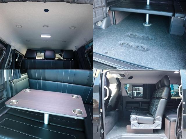 ハイエースワゴン GL ロング シートアレンジニューアス 1400mmセカンドシート フルフラットベッド 床張り テーブル アルパイン大画面ナビ 大画面後席モニター HDMI リアカーテン リアスモーク 前後ドラレコ 天井スピーカー(14枚目)