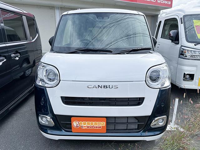 ムーヴキャンバス ストライプスＧ　４ＷＤ　届出済未使用車　両側電動スライド　クリアランスソナー　レーンアシスト　衝突被害軽減システム　ＬＥＤヘッドランプ　スマートキー　アイドリングストップ　電動格納ミラー　シートヒーター　ベンチシート（3枚目）