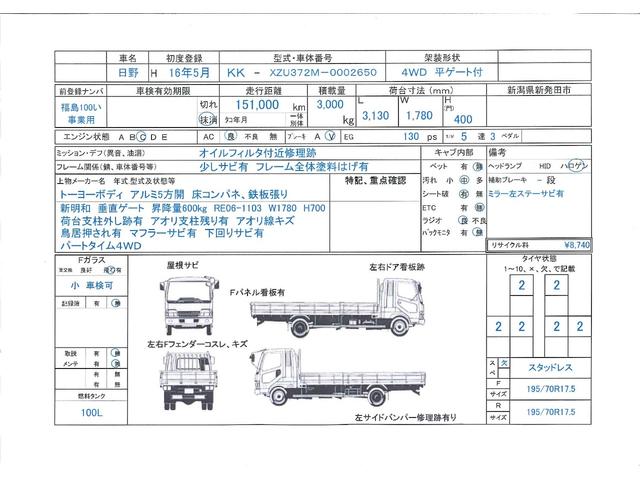 デュトロ 　問合番号７２６８　新潟在庫　パートタイム４ＷＤ　３ｔ　垂直ゲート付　アルミ５方開　床コンパネ鉄板張り　５速　１３０馬力　長３１３０　幅１７８０　高４００（2枚目）