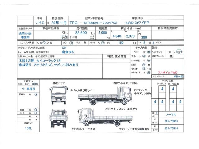 　問合番号７３４５　新潟在庫　フルタイム４ＷＤ　３ｔ　ワイド　平ボディー　木製３方開　セイコーラック１対　床板張　５速　１５０馬力　長４３４０　幅２０７０　高３８０(2枚目)