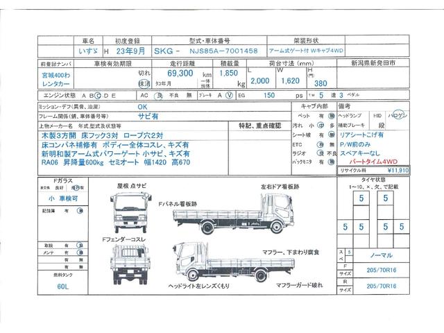 　問合番号７３３１　新潟在庫　パートタイム４ＷＤ　アーム式ゲート付　Ｗキャブ　木製３方開　床フック３対　ロープ穴２対　床コンパネ　５速　１５０馬力　長２０００　幅１６２０　高３８０(2枚目)