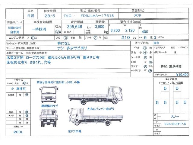 　問合番号６００３　群馬在庫　平ボディー　木製３方開　ロープ穴９対　６速　２１０馬力　長６２００　幅２１２０　高４００(2枚目)