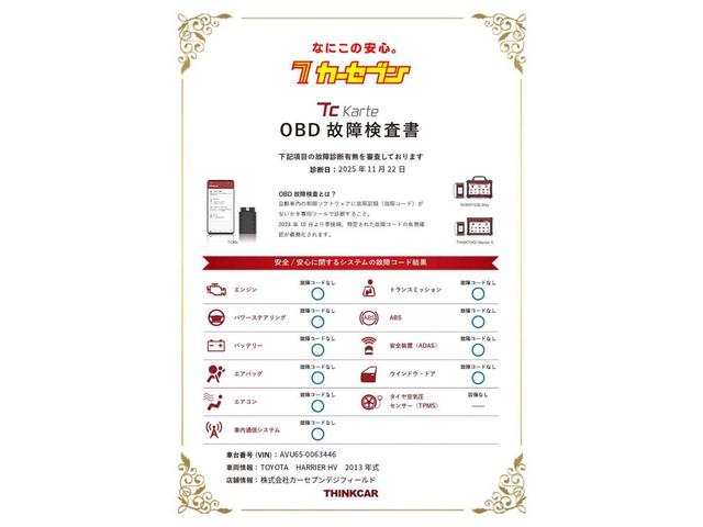 当店の車両は☆《全車ＯＢＤ故障診断》済み！近年、車両の装置や機能の高度化が進む中で、不具合のチェックは重要！正常な車両のみ展示販売してるので☆カーセブンなら初めての車選びも安心です！