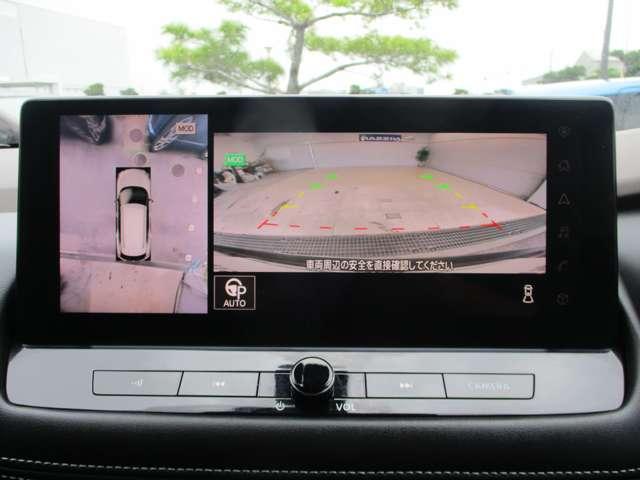 アラウンドビューモニター搭載。車体を４方向のカメラで「上から見下ろしたような映像」を映します。車庫入れが苦手な方も映像サポートでラクラク駐車できます。