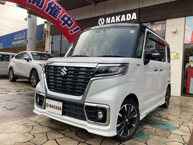 沖縄県の中古車ならスペーシアカスタム ハイブリッドＸＳターボ　全方位カメラ　リヤコーナーセンサー　ブレーキサポート　両側パワースライドドア　ナビ　ＴＶ　Ｂｌｕｅｔｏｏｔｈ　パドルシフト　キーレスプッシュスタート　専用アルミホイール　ＯＰツートンカラー