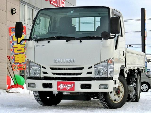 いすゞ エルフトラック ロングフルフラットロー　平ボディ　４ＷＤ　３．０ｔ　荷台内寸　長さ３１０　幅１５９　高さ３８　ＥＴＣ　アイドリングストップ　電動格納ミラー　エアコン　パワーウィンドウ　運転席エアバッグ　ミュージックプレイヤー接続可