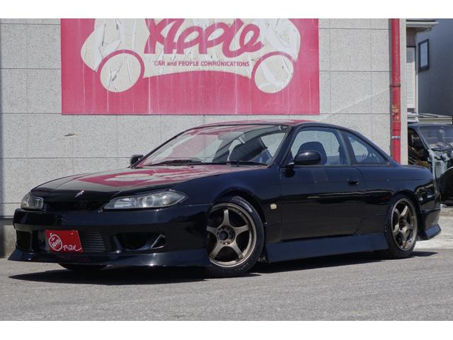 Ｑ’ｓ　Ｓ１５フェイス　ＳＲ２０ターボエンジン載せ替え　ＨＫＳエキマニ　社外ラジエーター　追加メーター　車高調　ローダウン　社外エアロ　タワーバー　社外ナビ　ナルディステアリング　社外エアクリーナー