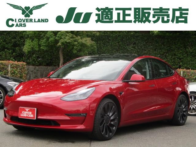 モデル３(テスラ) パフォーマンス　黒革　ガラスルーフ　オートパイロット　ブラインドスポット　シートヒーター　コーナーセンサー　ハンドルヒーター　１５インチセンターディスプレイ　黒革パワーシート　サイド／バックカメラ　２０インチアルミ 中古車画像