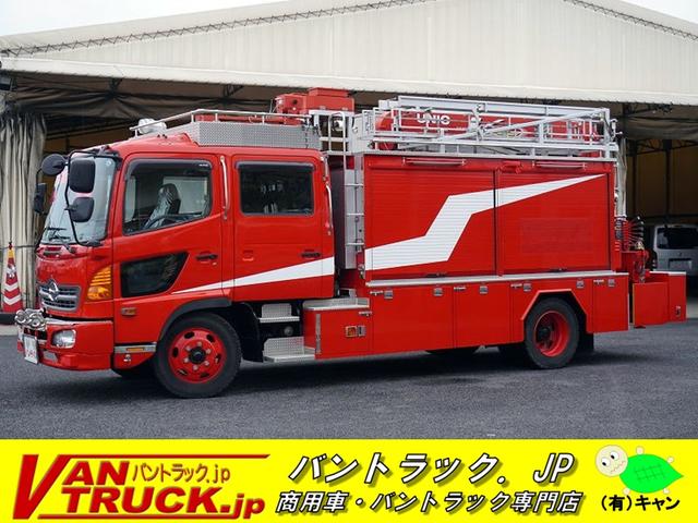 日野 ヒノレンジャー ダブルキャブ　４ＷＤ　消防車　帝国繊維製　レスキュー仕様　古河ユニック製３段クレーン　フロントリアウインチ付　投光器　ピンドルフック　牽引フック　上物上部シマ板張り床フック６対　格納ステップ　ＡＣ１００Ｖ