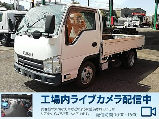 いすゞ エルフトラック フラットロー　２ｔ　１０尺平ボデー　フルフラットロー　アオリ／３方開／木　ボディ／完成車　ネタ／木　フロア５速ＭＴ　１５０馬力　エンジン型式４ＪＪ１　走行距離９，０００ｋｍ　型式ＮＪＲ８５Ａ　乗車定員３名