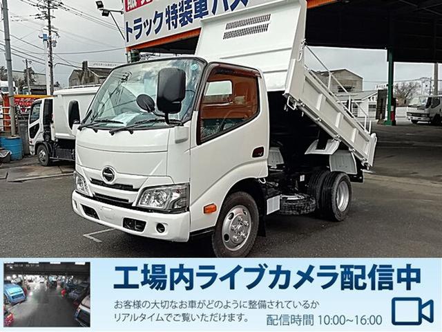 デュトロ 　３ｔダンプ　手動コボレーン付フルフラットロー　ボディ架装／完成車　手動シートあり　ボディ高／底床　ダンプ式　荷台素材仕様／デッキ３．２ｍｍ　サイド２．３ｍｍ　テール２．３ｍｍ　鳥居２．３ｍｍ（1枚目）