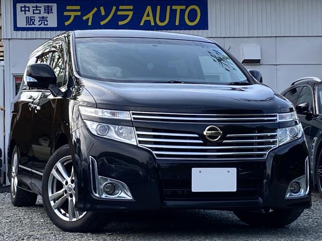 日産 エルグランド ２５０ハイウェイスター　４ＷＤ　（車検２年）　黒半革　７人乗り　ナビ　地デジＴＶ　Ｂｌｕｅｔｏｏｔｈオーディオ　バックカメラ　ＥＴＣ　左リア電動スライドドア　１８インチＡＷ　タイミングチェーンエンジン　修復歴なし