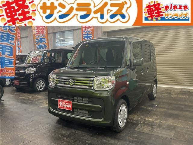 スペーシア ハイブリッドＧ　４ＷＤ　届出済未使用車　スマートキー　アイドリングストップ　衝突被害軽減システム　衝突安全ボディ　盗難防止システム　クリアランスソナー　シートヒーター　フルフラット　ベンチシート（1枚目）